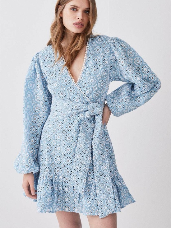 Karen Millen Dresses & Skirts - Karen Millen Broderie Cotton Wrap Mini Dress Light Blue Eyelet Dress